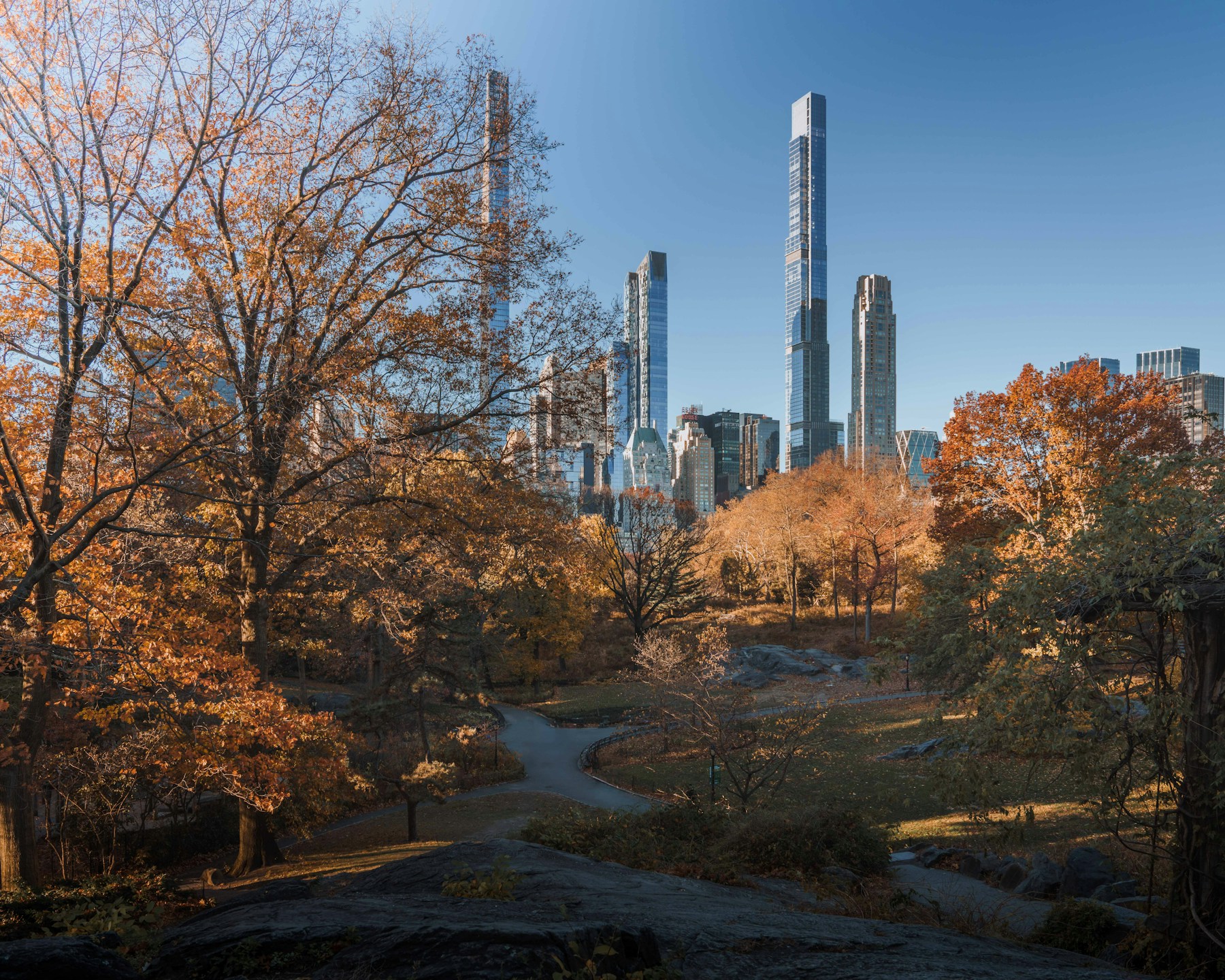 Central Park in autunno, tra gli alberi colorati e lo skyline di Manhattan